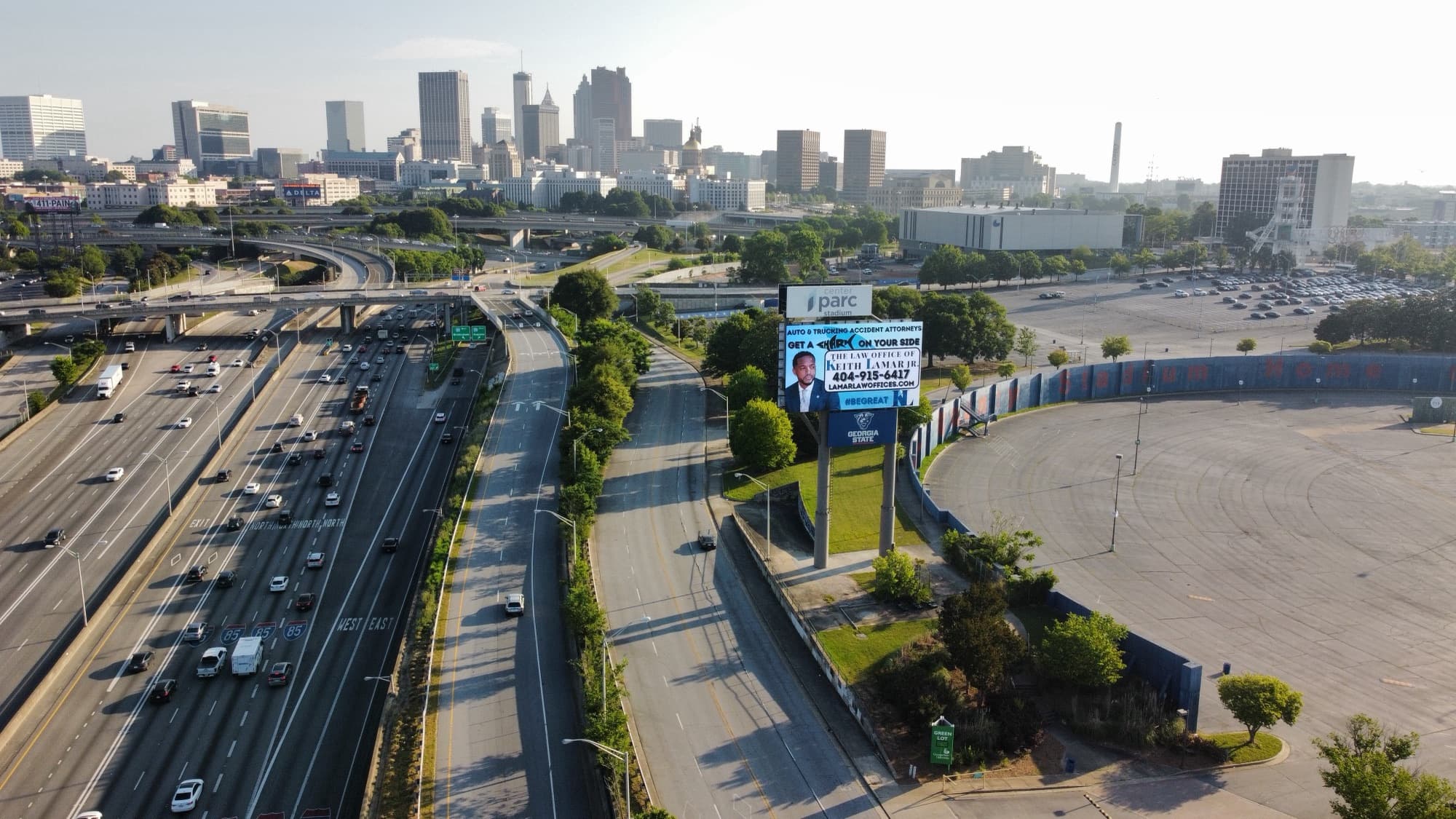 Aerial view of the firm's billboard beside the Downtown Connector in Atlanta